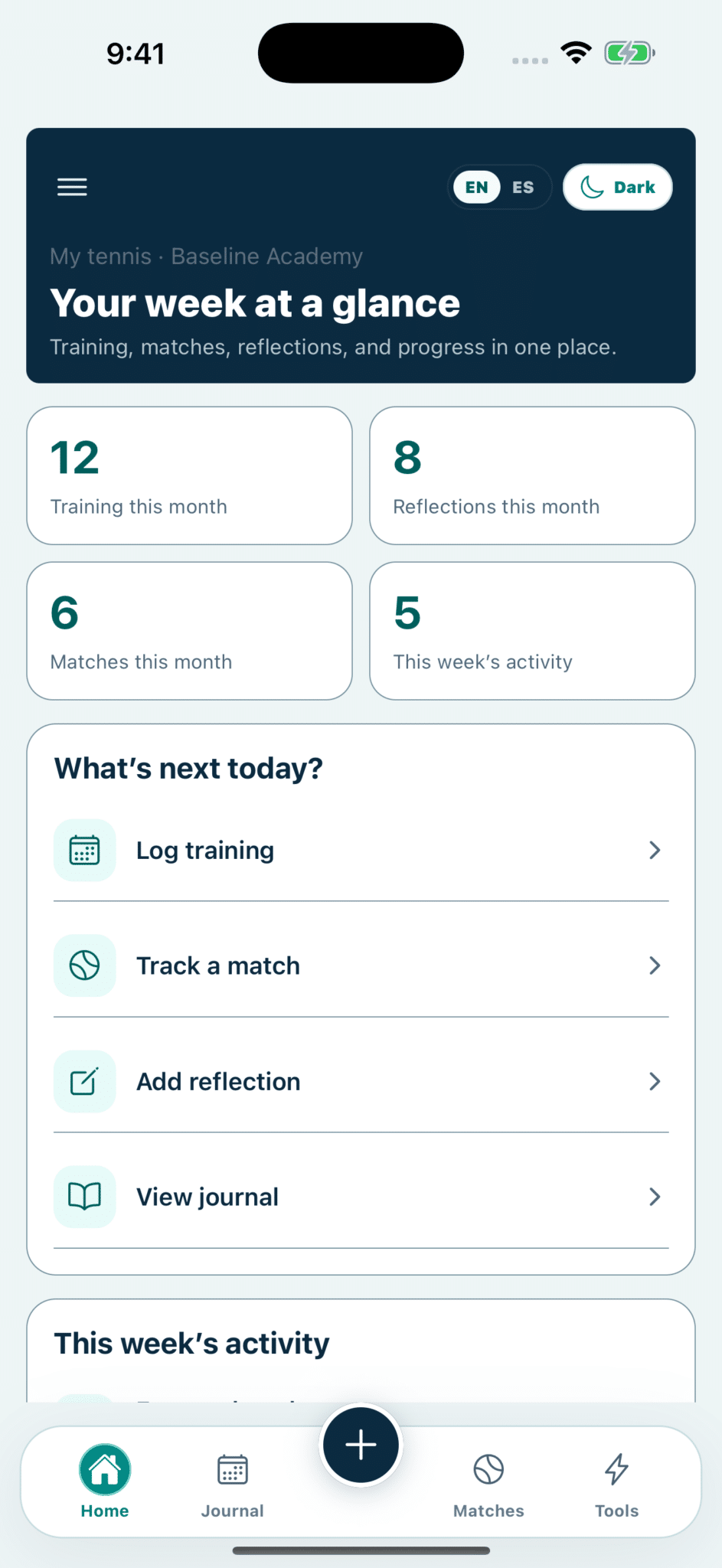 Tennis app “Your week at a glance” showing training, reflections, matches counts and next steps (log training, track match, add reflection)