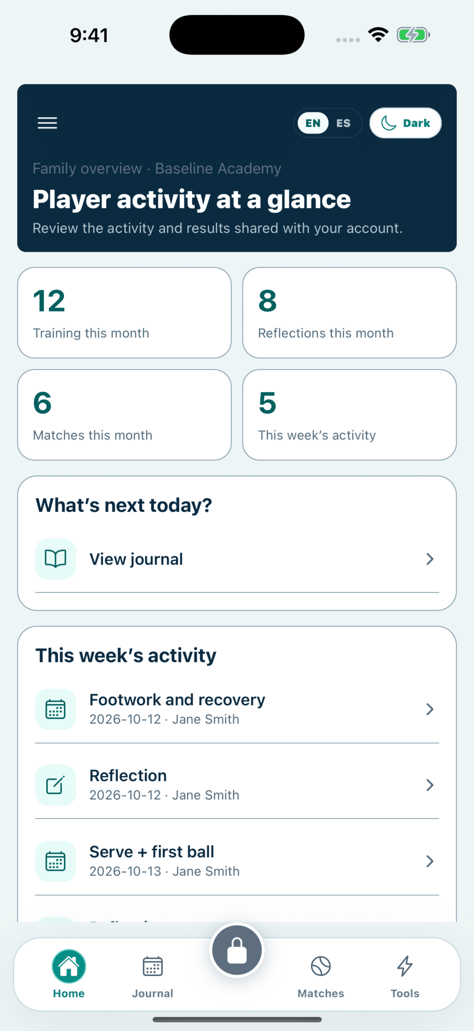 Player activity summary showing 12 trainings, 8 reflections, 6 matches, and 5 this week’s activity, with journal and activity lists