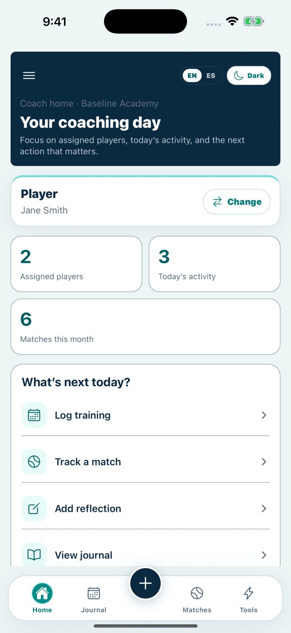 Coaching app dashboard: “Your coaching day” for Jane Smith with assigned players, today’s activity, matches, and next actions (log training, track match, add reflection, view journal)