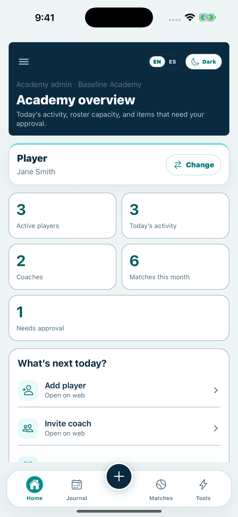 Academy overview screen showing player Jane Smith and counts: 3 active players, 3 activities, 2 coaches, 6 matches, 1 needs approval
