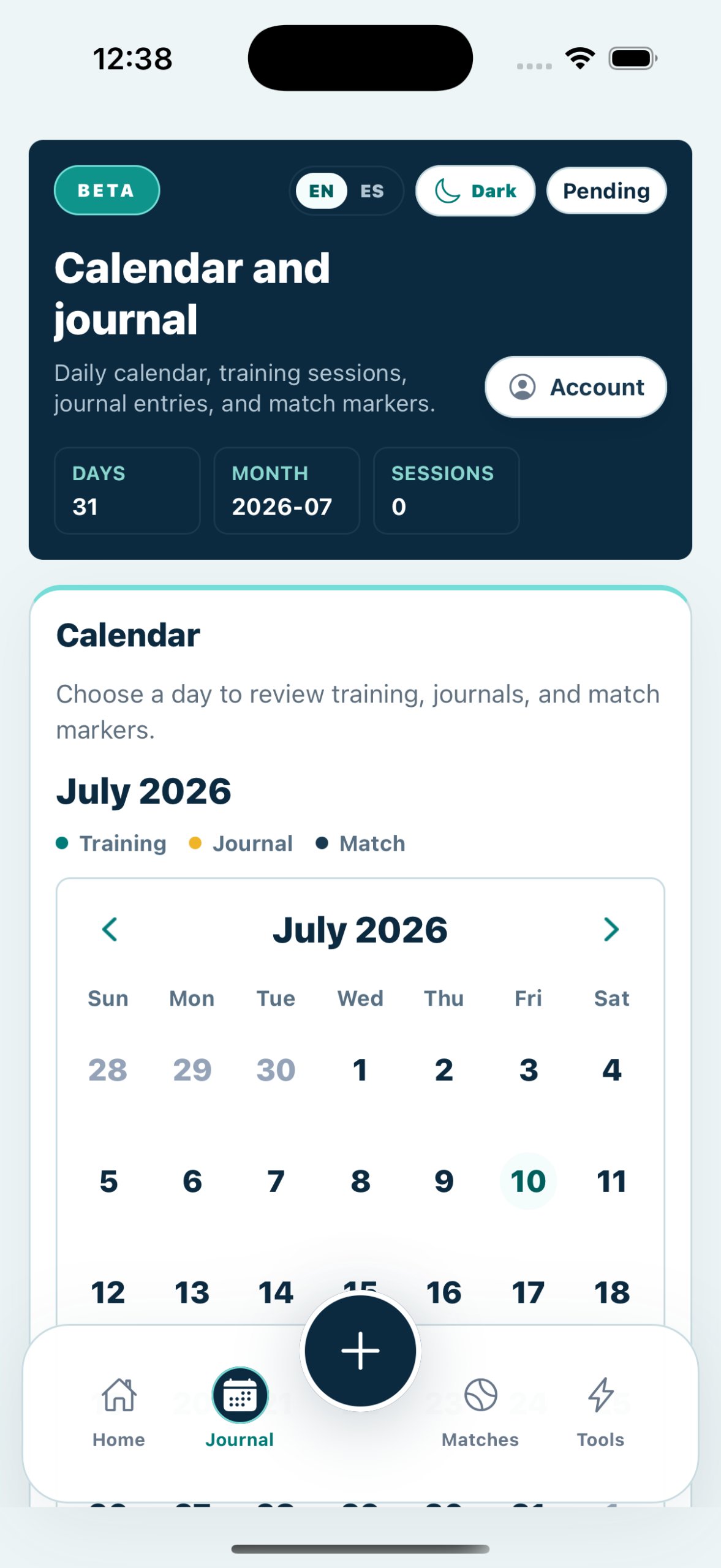 NextPointIQ mobile app training journal screen