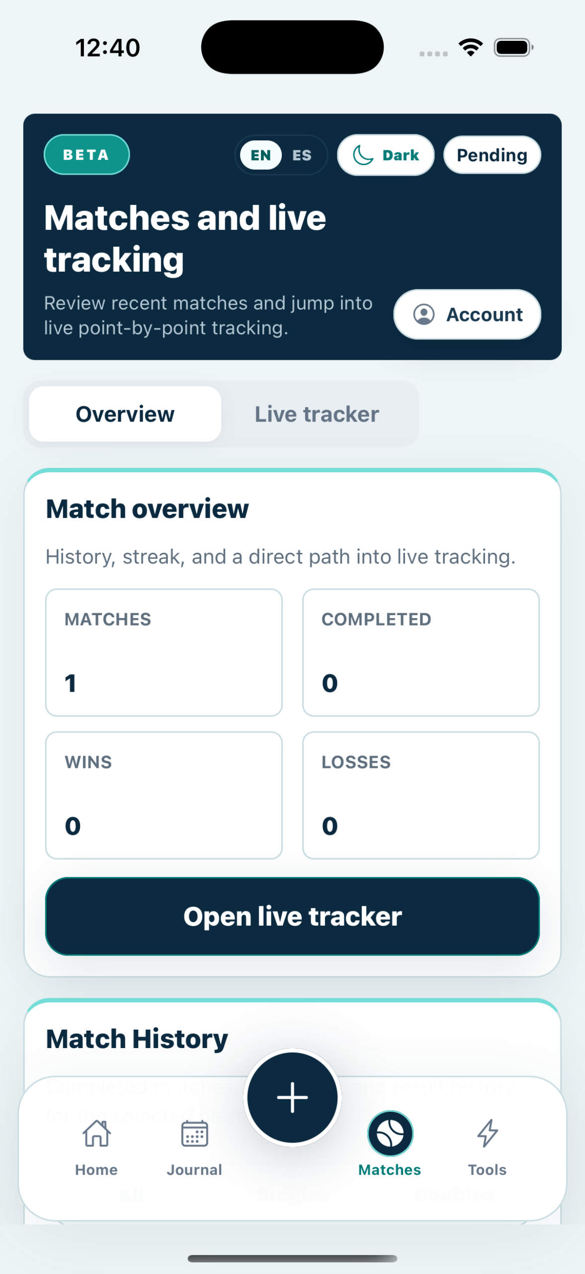 NextPointIQ mobile app match history screen