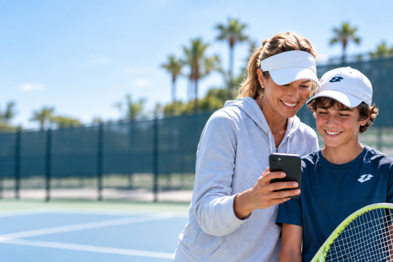 Parent and young tennis player on court