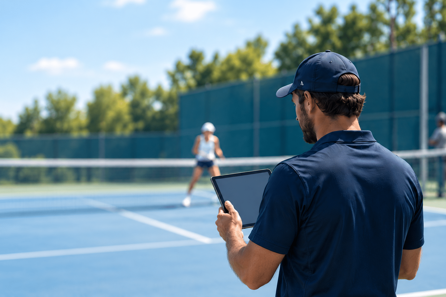 Tennis coach working with a player on court